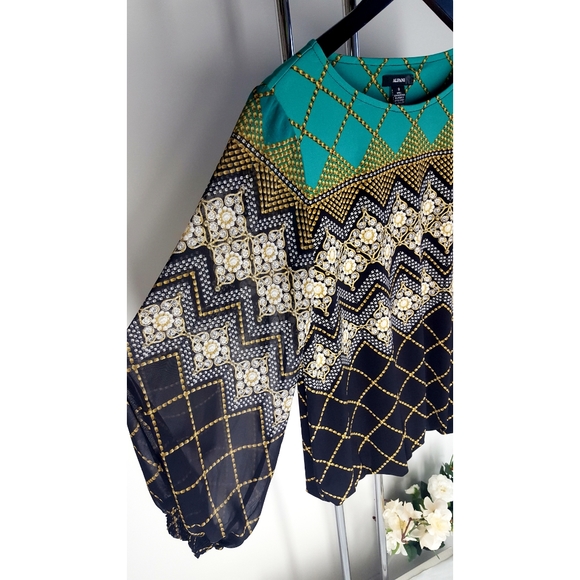 Alfani💚Balloon Chiffon Sleeve Multi-Color Geometric Top - Picture 2 of 8